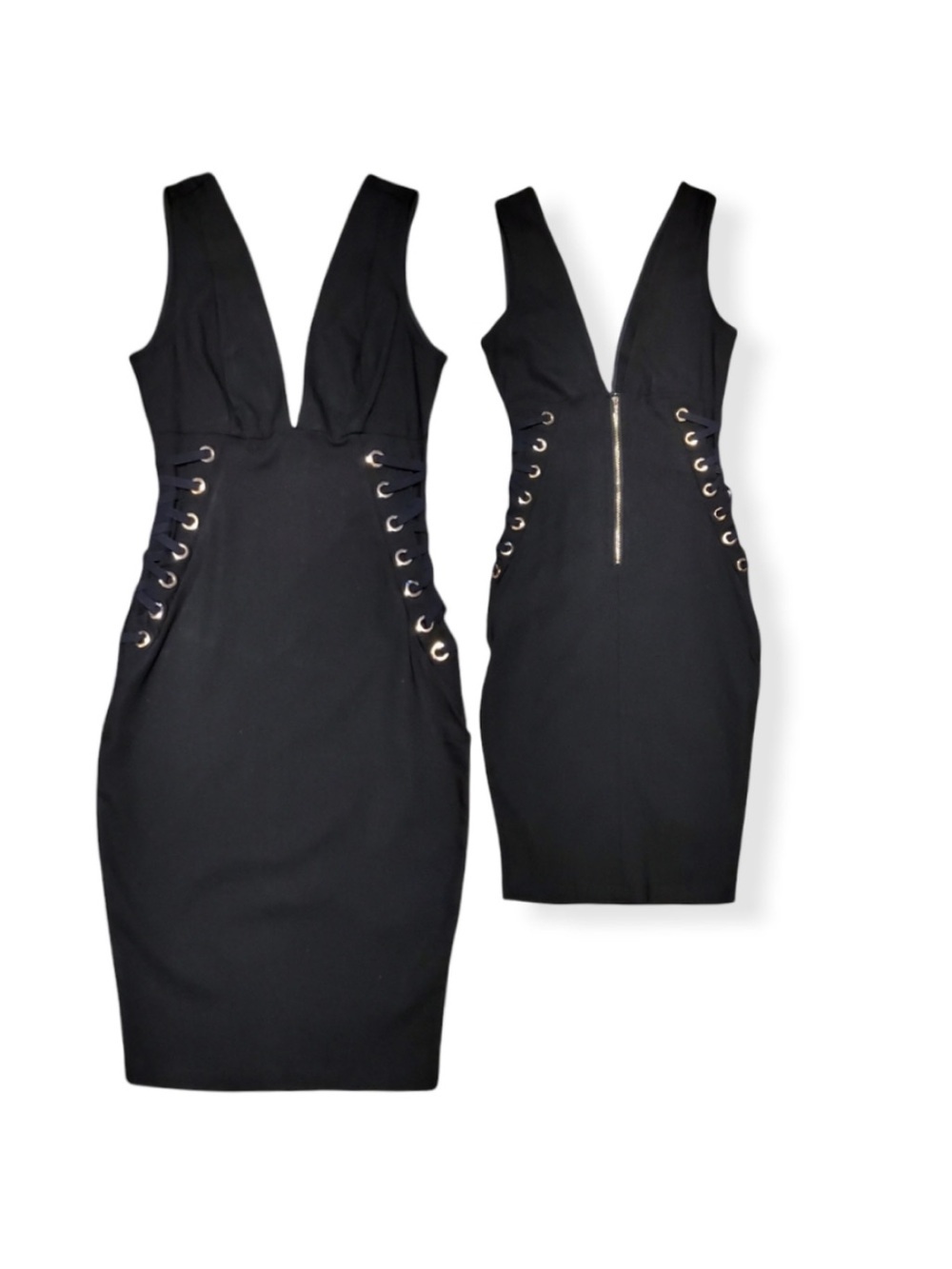 iris Black Plunge V-Neck Bodycon Dress with Grommet Lace-Up
